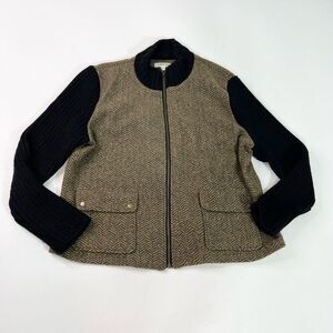 Orvis Sweater Jacket Womens XL Herringbone Mock Neck Full Zip Wool Blend